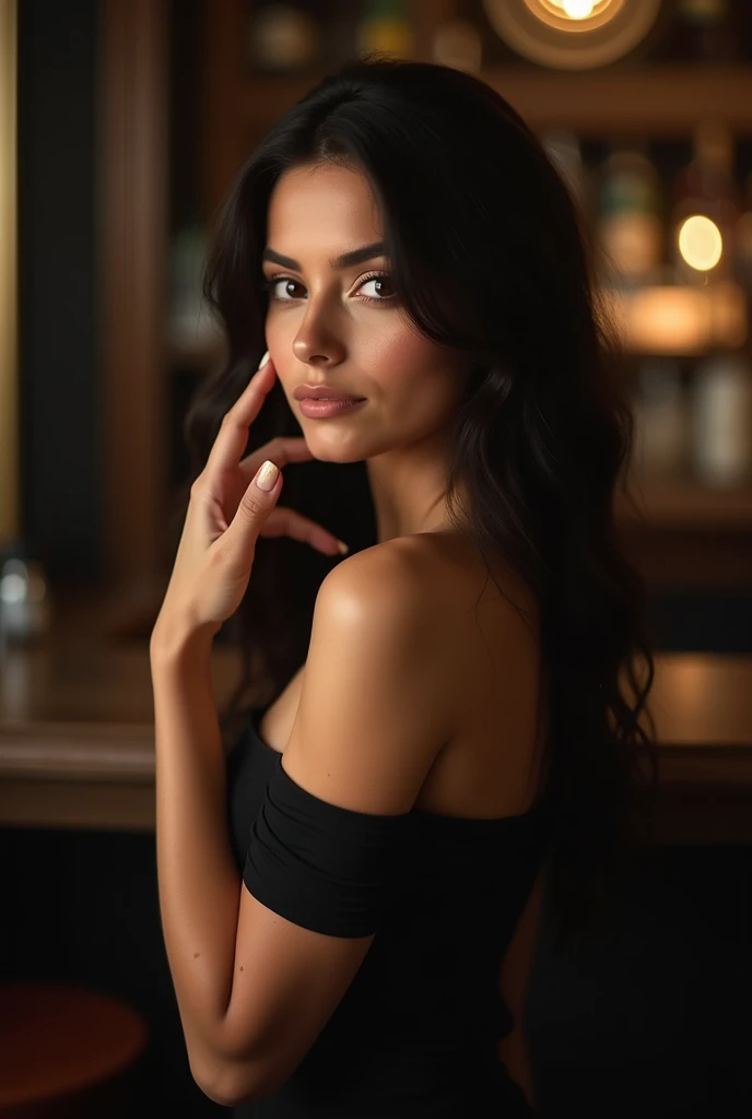 A Brazilian young woman with fair skin, long dark hair, brown eyes, 2, medium-sized breasts, a slightly large nose, a few pimples on her face, a big butt, and a slim waist. Only her face is shown, wearing a black dress in a slightly blurred, more sophisticated bar setting, with one of her hands delicately touching her face. This is a profile picture without nudity.