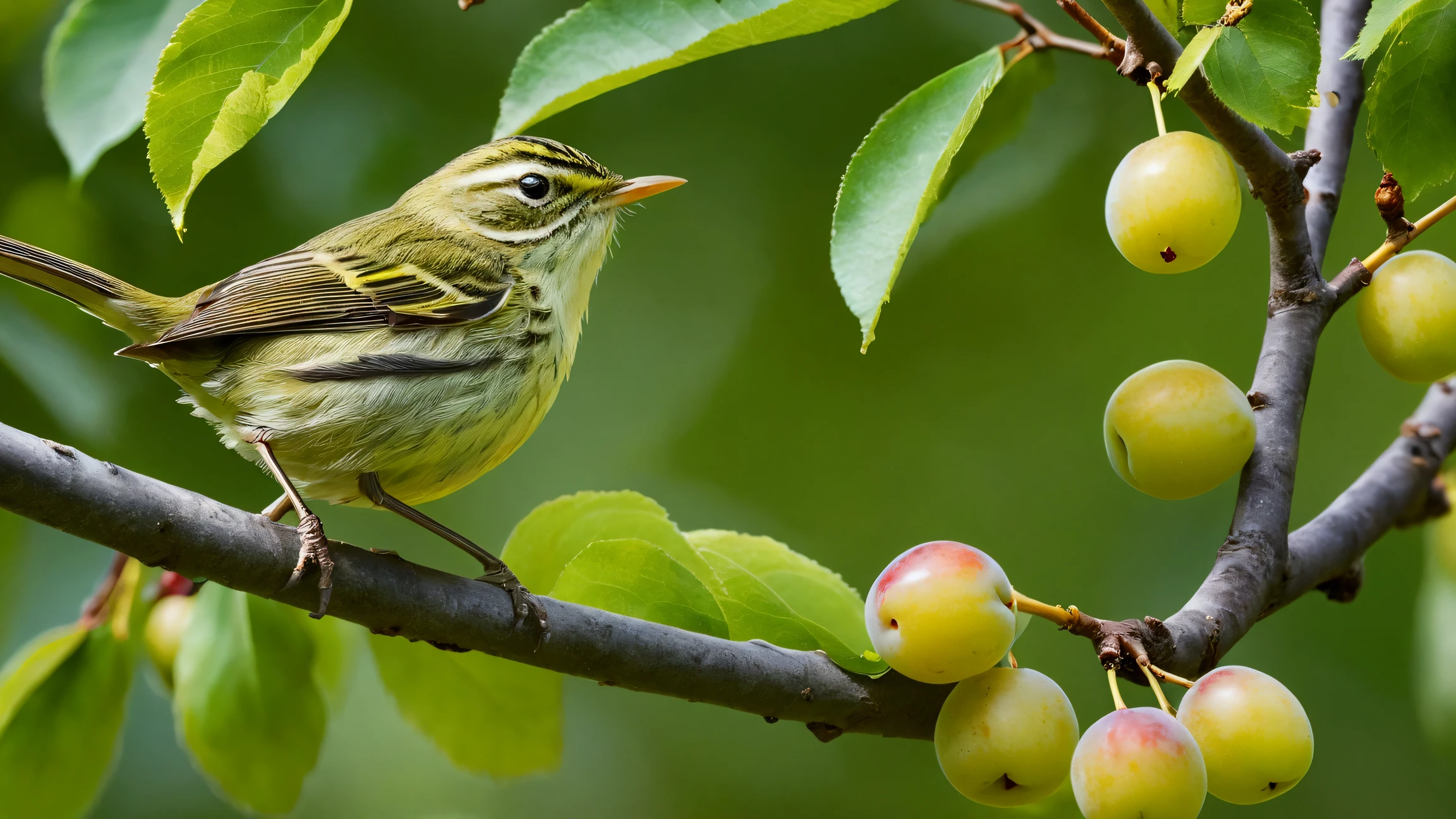 Create an ultra-high-definition 8K photo featuring a close-up of a Pallas's Leaf Warbler perched on a plum tree branch. The small bird is beautifully poised, surrounded by vibrant green plum tree leaves. Nearby, clusters of yellowish plums are ripening, adding a touch of golden hue to the scene.