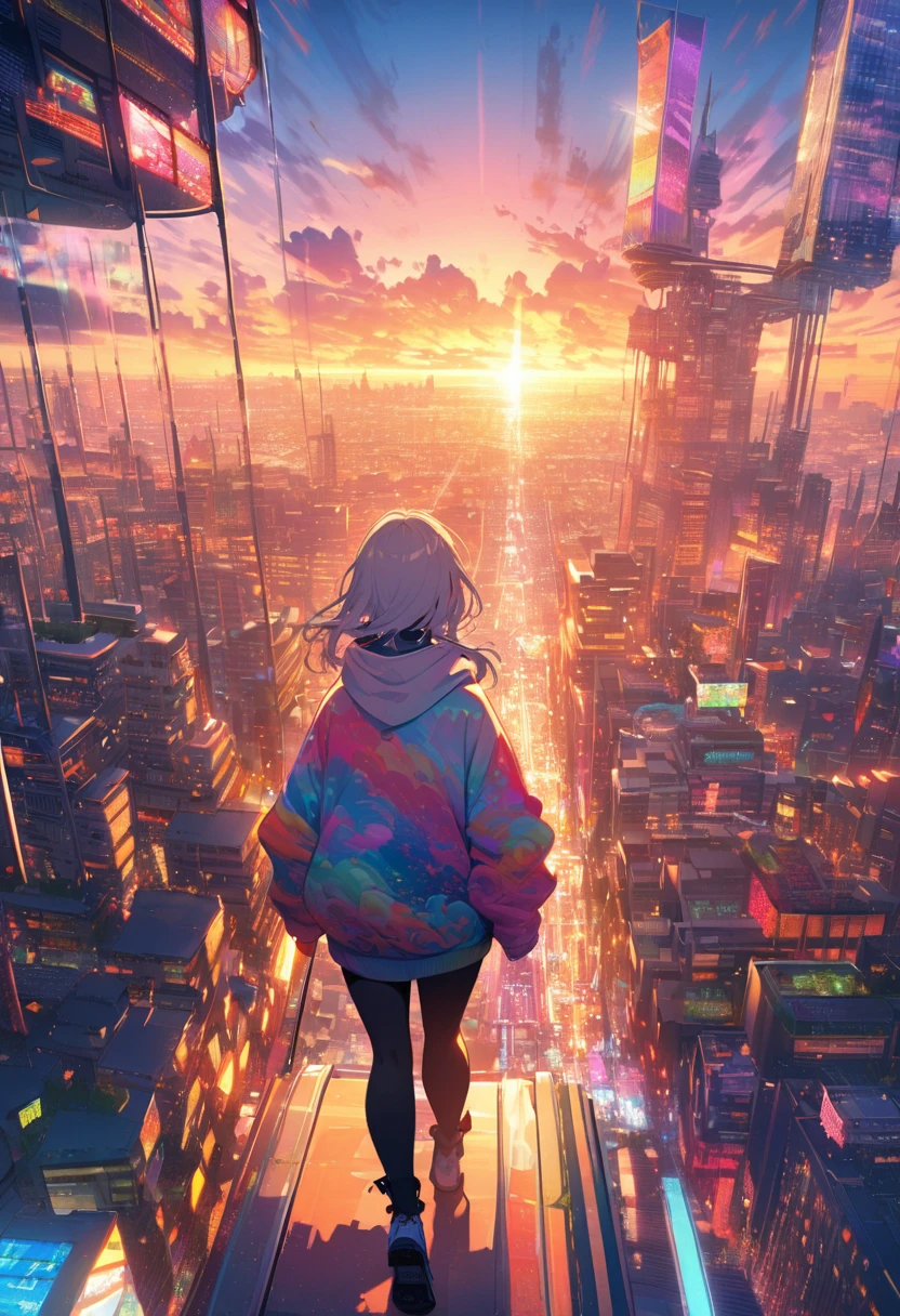 angelic, detailed woman who is walking, woman wearing hoodie, highest billding in city, road, sunrise, horizon, skyline, in the sky, city of clouds, colorful, high-res, 8K