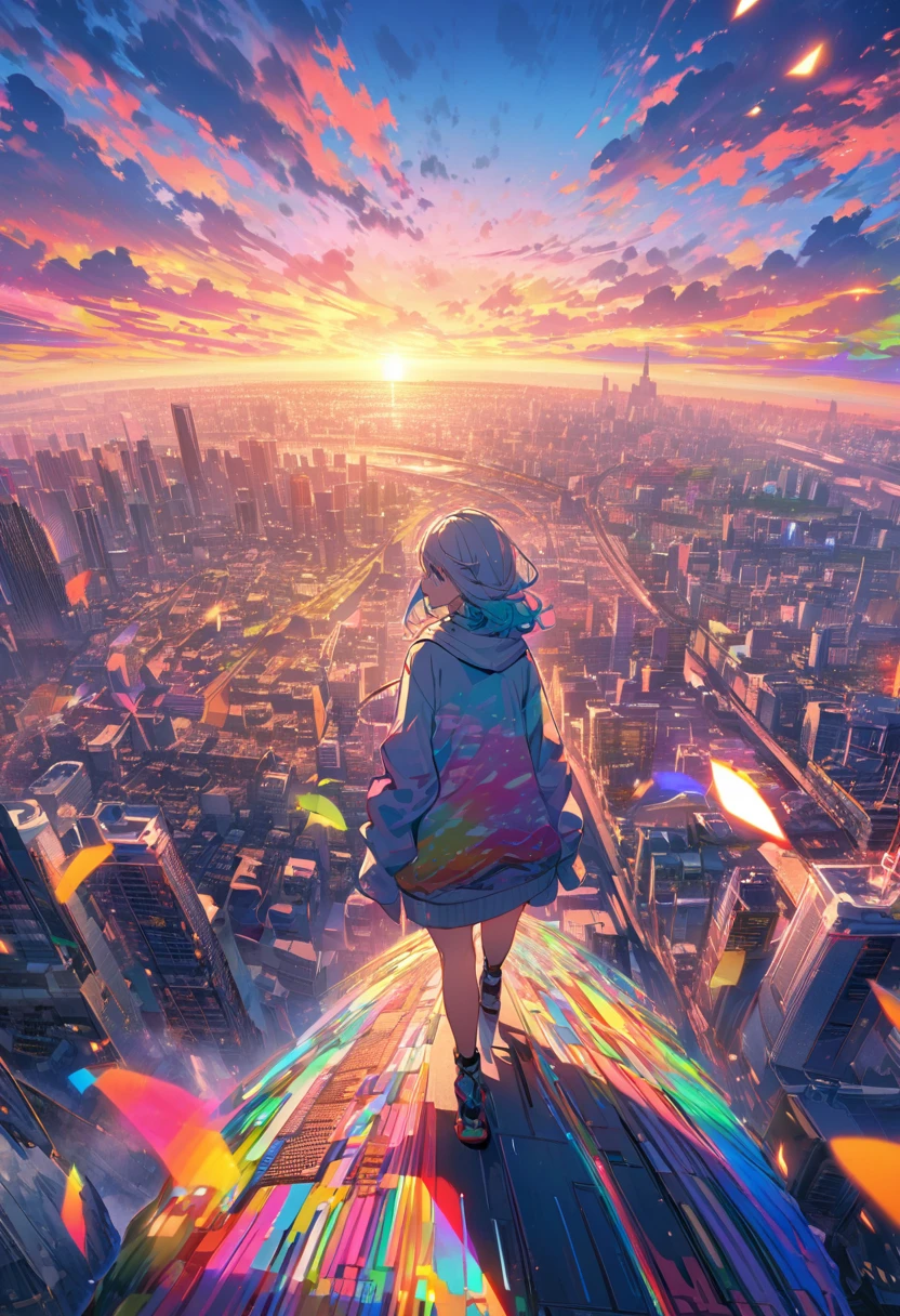angelic, detailed woman who is walking, woman wearing hoodie, highest billding in city, road, sunrise, horizon, skyline, in the sky, city of clouds, colorful, high-res, 8K