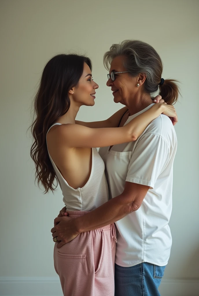 Create a photo of a 30 year old woman, with a slender and beautiful body, wearing a white shirt, braless with bare breasts and wearing pink sweatpants, with white and clear skin, with long light brown hair wearing prescription glasses, while being lifted up with her legs in the air by an elderly woman, 90 years old, with dark black skin, did, obese, lowrise, who is wearing a white shirt and jeans. 