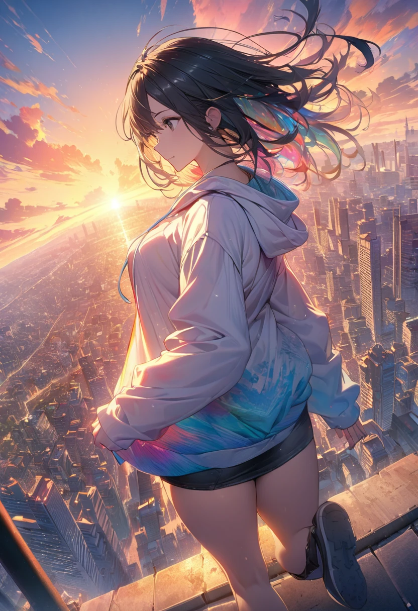 Create exquisite illustrations reminiscent of Makoto Shinkai's style, It has ultra-fine details and top-notch quality. angelic, detailed woman who is walking, woman wearing hoodie, highest billding in city, road, sunrise, horizon, skyline, in the sky, city of clouds, colorful, high-res, 8K