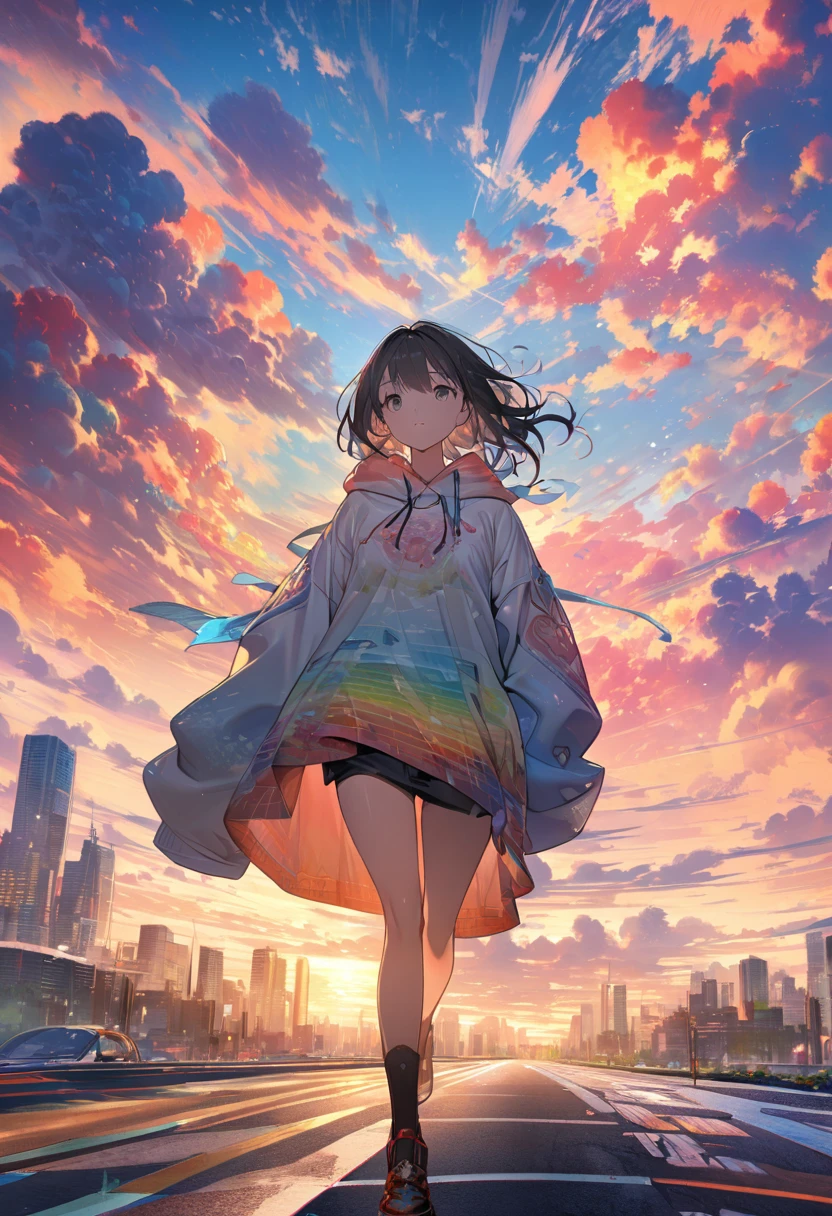 Create exquisite illustrations reminiscent of Makoto Shinkai's style, It has ultra-fine details and top-notch quality. angelic, detailed woman who is walking, woman wearing hoodie,  highest billding in city, road, sunrise, horizon, skyline, in the sky, city of clouds, colorful, high-res, 8K