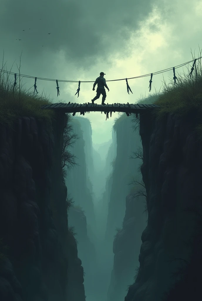 You could draw a person standing on a narrow, precarious bridge that spans across a deep chasm. The bridge could be old and rickety, with missing planks and frayed ropes, symbolizing the difficulty and danger of the journey. The person could be depicted mid-step, with one foot on the bridge and the other in the air, showing the act of moving forward despite the fear and uncertainty. Surrounding the scene, you could add a dark, stormy sky to heighten the sense of struggle, but include a small patch of clear sky or a distant light at the end of the bridge to signify hope and the importance of perseverance.
