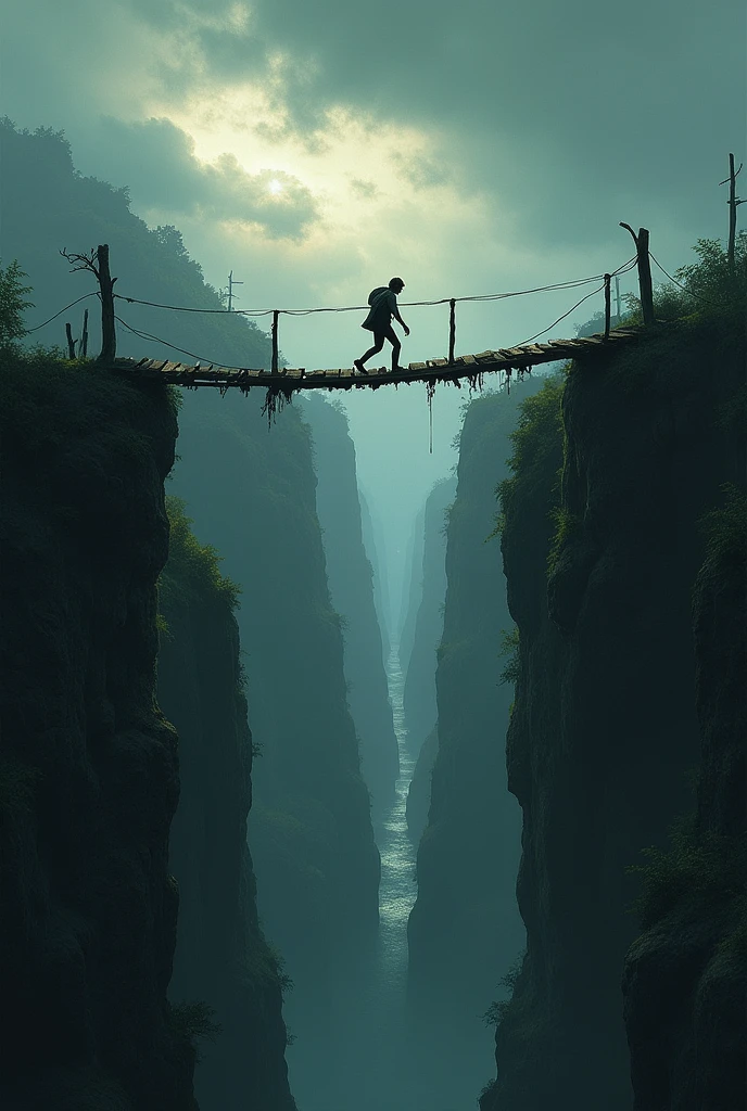 You could draw a person standing on a narrow, precarious bridge that spans across a deep chasm. The bridge could be old and rickety, with missing planks and frayed ropes, symbolizing the difficulty and danger of the journey. The person could be depicted mid-step, with one foot on the bridge and the other in the air, showing the act of moving forward despite the fear and uncertainty. Surrounding the scene, you could add a dark, stormy sky to heighten the sense of struggle, but include a small patch of clear sky or a distant light at the end of the bridge to signify hope and the importance of perseverance.