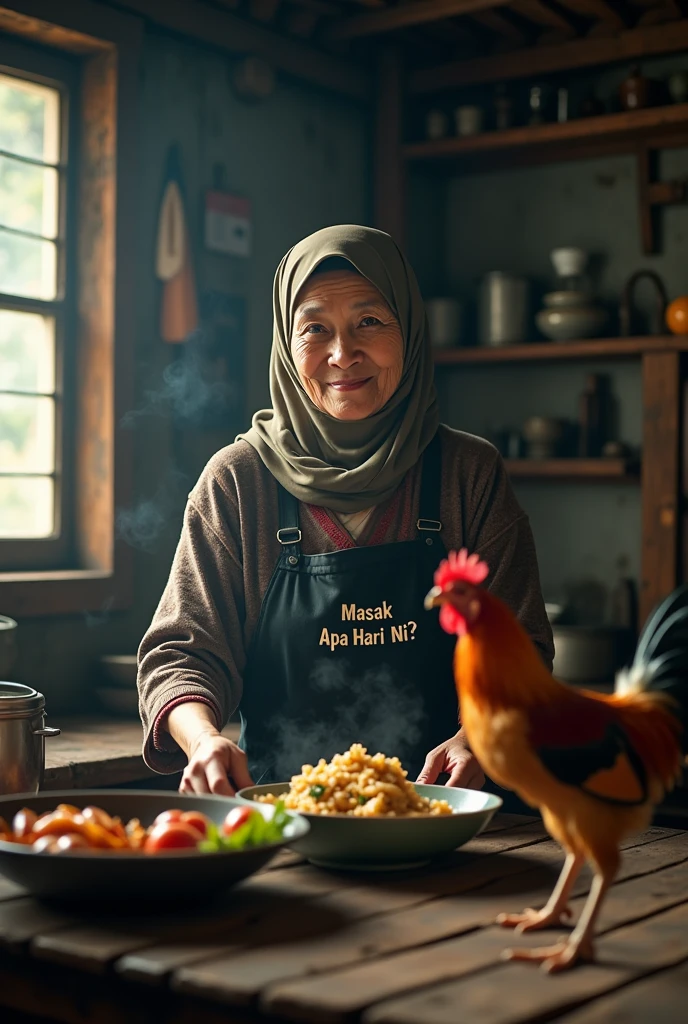 (Photorealism 1.2) high detailed definition cinematic cinematography old malay women wearing hijab appron wrote masak APA Hari NI? cooking at the kitchen old rusty wood house smoke effect fire flame on smile face expressions rooster at the table