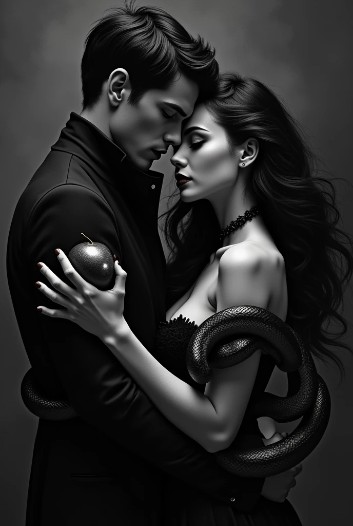 Here is the English version of your description:
"Imagine a beautiful woman with fair skin and black hair, her eyes filled with affection. She is holding a bitten apple in her hand, with shadows and light playing across her figure, capturing impressive details. Behind her stands a male figure, his face obscured by shadows. Around the man and woman, a large serpent is coiled, intertwining the two. The entire scene is set in a dark environment, and the image is rendered in black and white, with the focus on the man and woman. The style of the image is that of artistic painting."