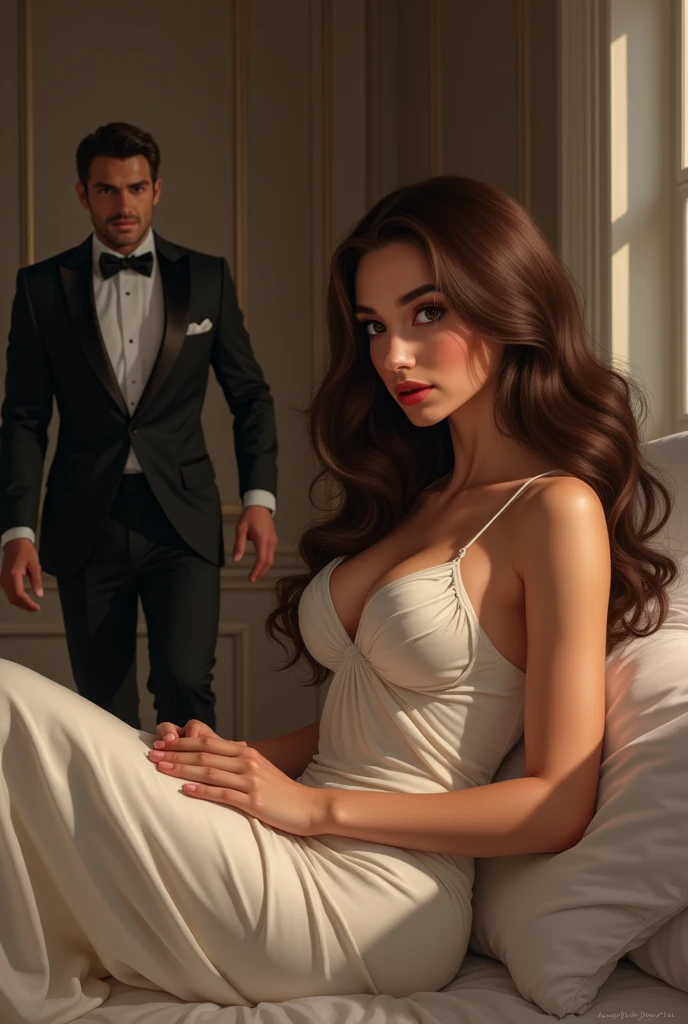 A man sitting in a chair in a black suit with black hair and green eyes and on his lap a brunette woman with brown eyes and a pronounced curve hugs the man's neck