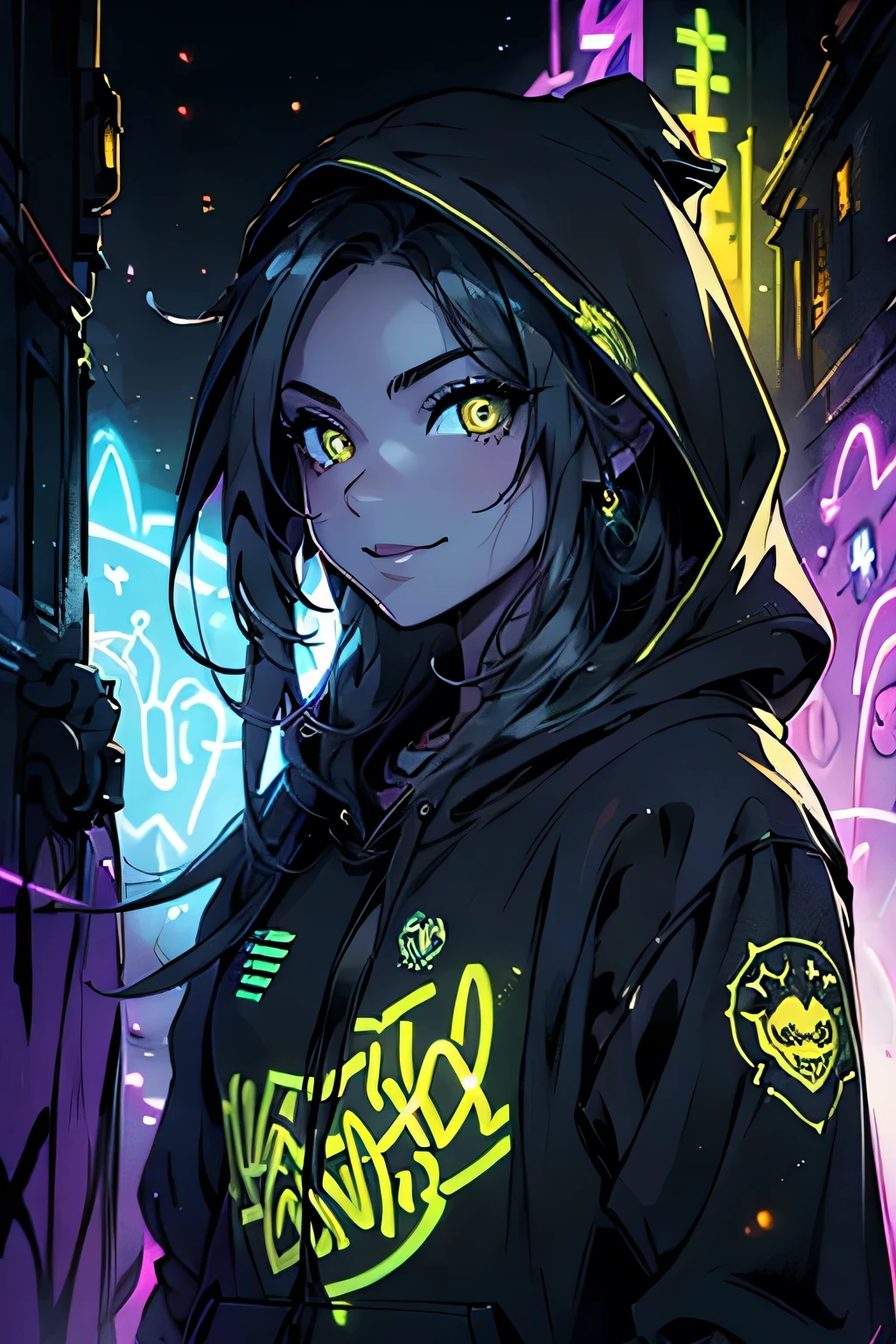 detailed background, masterpiece, Best Quality, smile, ornament, hoodie, portrait, neon yellow, Graffiti, Dark, evening, bright Eyes, black light