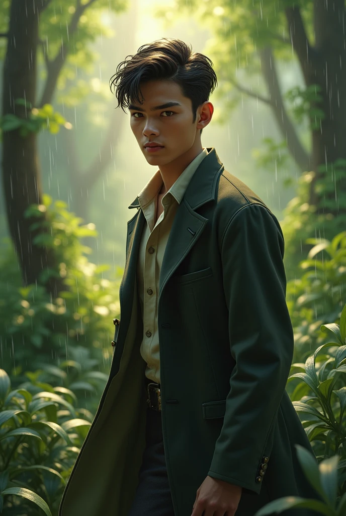 A round face handsome boy with sharp jawline with almond eyes , with black with side part hairstyle and walking in forest and little raning in forest
