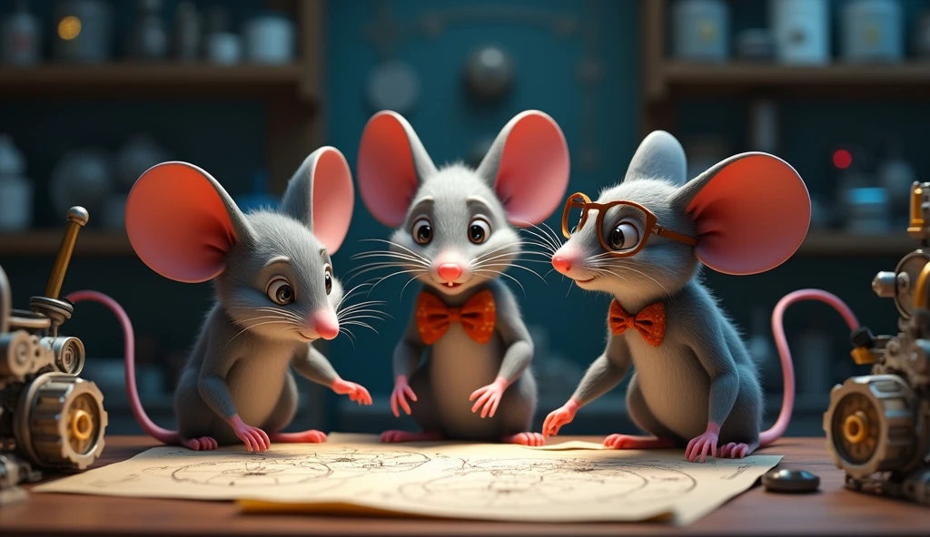 3d pixar animation style of 3 gray mice, one of them has a bowtie and the other has glasses, looking at the plans for building a mechanical jack, with artificial lighting at night inside a robotics laboratory