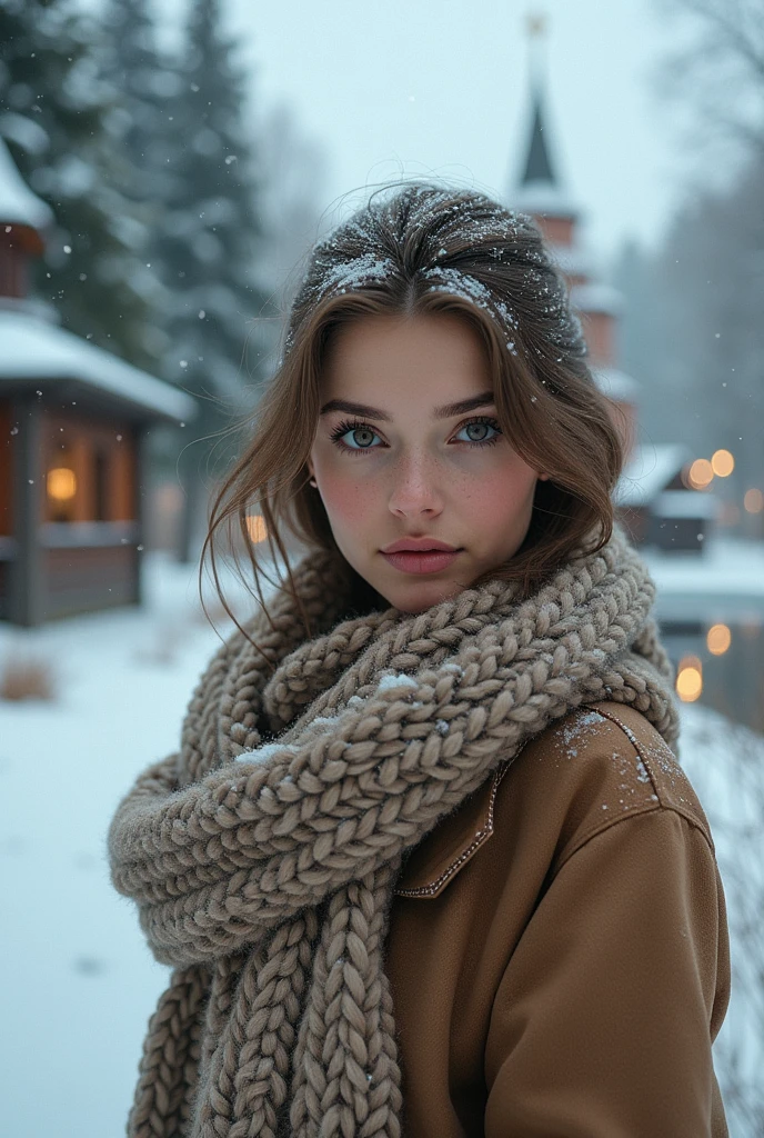 a woman in a russian winter village, beautiful detailed eyes, beautiful detailed lips, extremely detailed face, long eyelashes, wintercoat, furs, scarf, mittens, snow, snowflakes, wooden houses, onion domed churches, frozen lake, pine trees, overcast sky, warm lighting, soft focus, cinematic, highly detailed, photorealistic, 8k, masterpiece