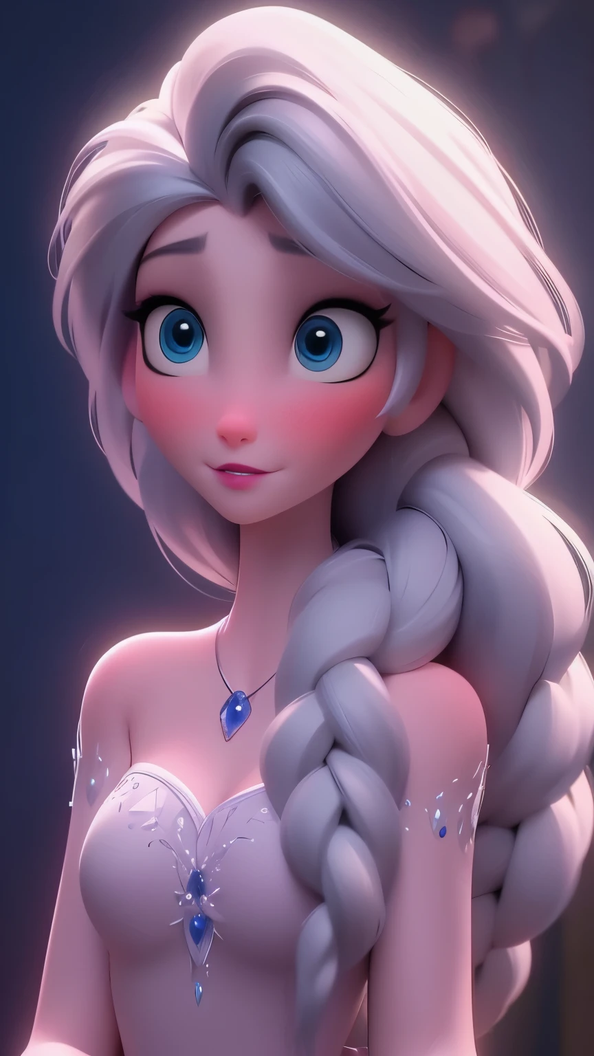 Elsa, (perky breasts), (((small breasts))), smirk:1.2, beautiful blue eyes, (perfect iris’s), depth of colour to her eyes, blonde hair, long hair, braid, full lips, blush, naked, she is showing her vagina, depth of field, bokeh, (special attention to skin detail: 1.2), masterpiece, best quality, ultra-detailed, ultra-HD, photorealistic, cinematic, ((mid camera shot)), sensual pose, alluring, nipples:1.4, looking up at camera, closeup on her face, her cheeks are blushed, 2, she is on her knees, eye contact:1.4, high angle:1.5, ((closeup on face)), perfect face, (((visible breasts))) bokeh everything other than her perfect face, location is Arendelle in winter, ice castle