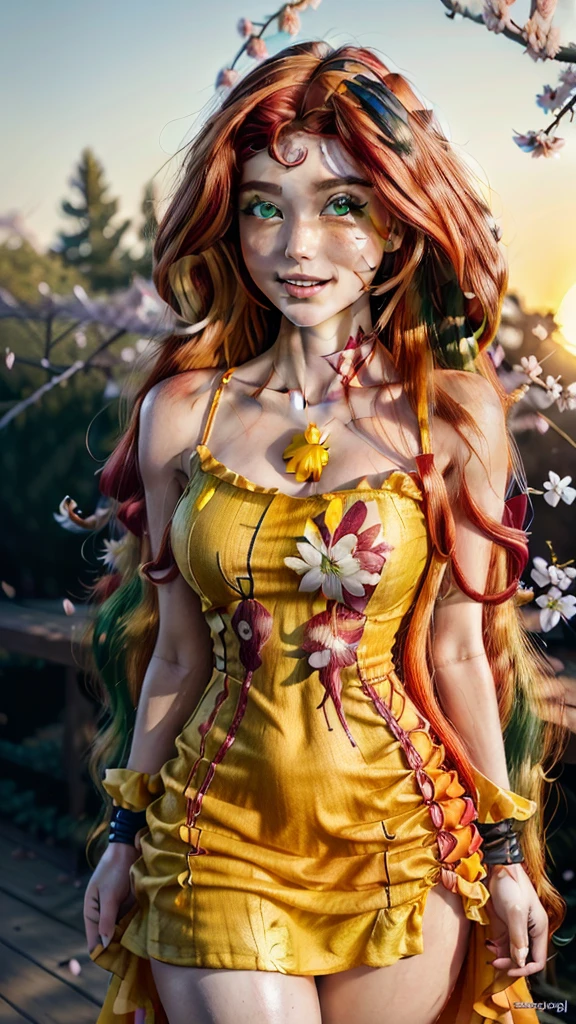 1girl, (((Sunset1.4))), solo, (((150k))), (((extremely detailed 150K wallpaper))), [[3D]], male pov, pov, (((forest:1.4))), (((green eyes:1.3))), (very long hair:1.1), (((wavy hair:1.4))), (blush:1.2), lake, (Captivating smile:1.1), (((Captivating girl:1.4))), ((cherry blossoms:1.3)), (smile:1.2), (open mouth:1.1), (glowing eyes:1.1), slim waist, large breasts, neat figure, slender waist, Flowers, trees, ((petals:1.3)), (streaked hair:1.1), (((long red and yellow hair:1.4))), sunsethuman, sunsetshimmer, (((dress:1.4))), (((Beautiful woman:1.4))), (((perfect anatomy:1.4))), (masterpiece), best quality, expressive eyes, perfect face, thigh gap, thick thighs, thighhighs