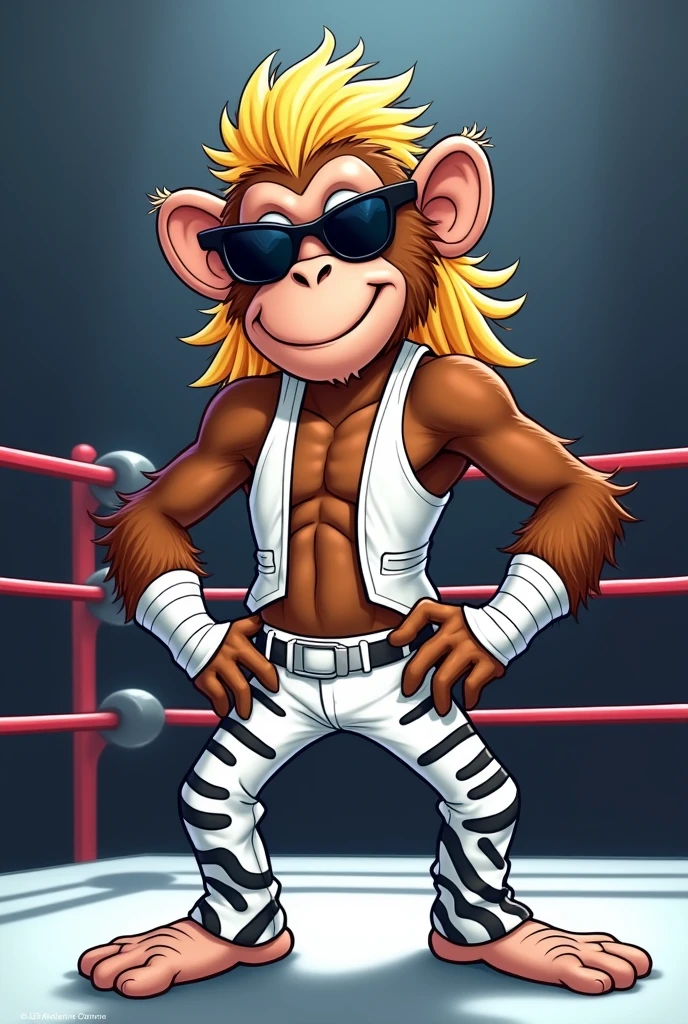 Cartoon monkey dressed like WWE wrestler Shawn Michaels 

Cartoon monkey body. Cartoon monkey head. Cartoon monkey face.


Long blonde mullet hair. White wrist tape. Black sunglasses.
 
White cowboy vest ordain in black zebra stripes. White pants ordained with black zebra stripes.

White and black cowboy boots. 

Standing in a wrestling ring..