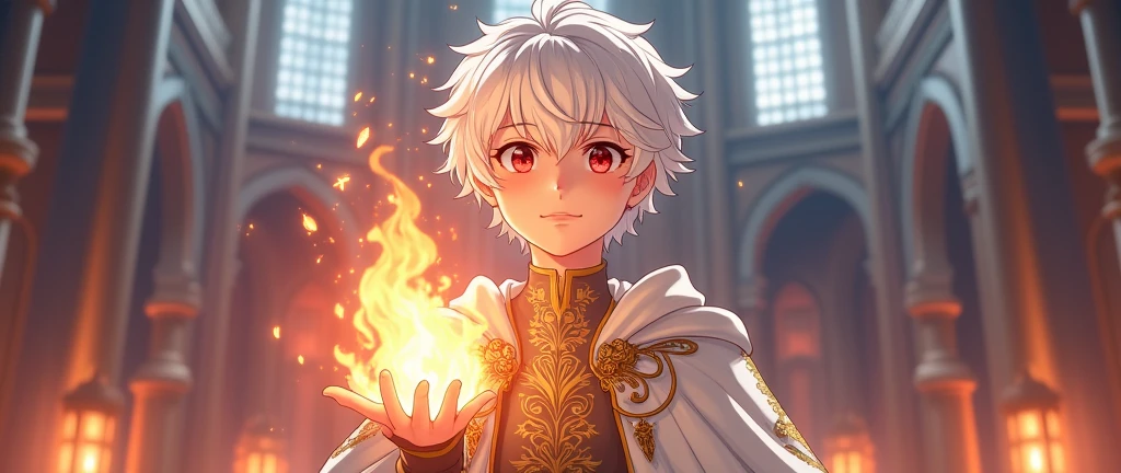 ??? with white hair, red eyes, 5'11, wearing royal clothes, clothes are white and gold, curly hair, zoom, 4k, slight smile, short hair, Standing, castle in background, generating fire from hand, anime
