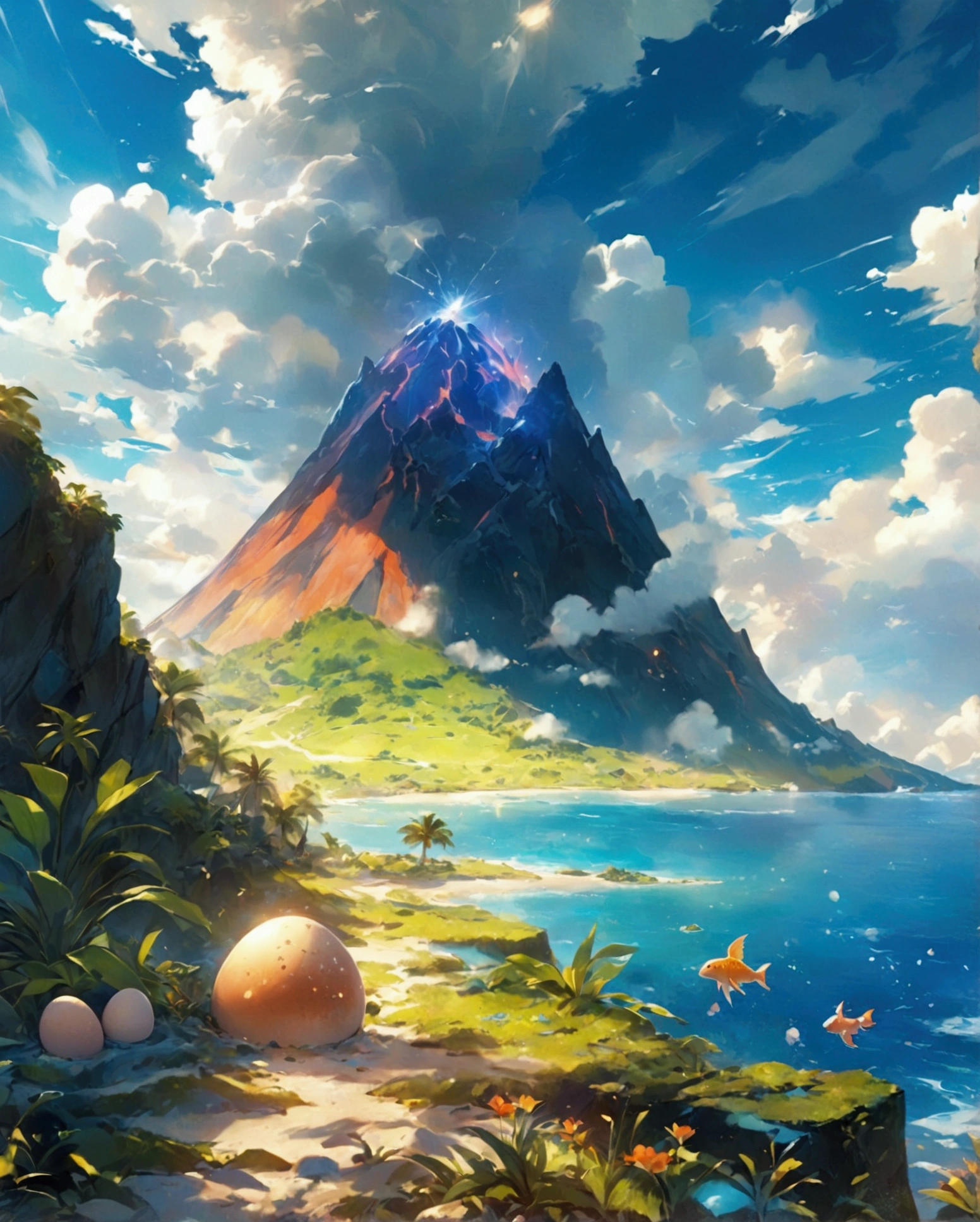 Island in the sea,Fairy tale world,There is a dinosaur egg on the volcano