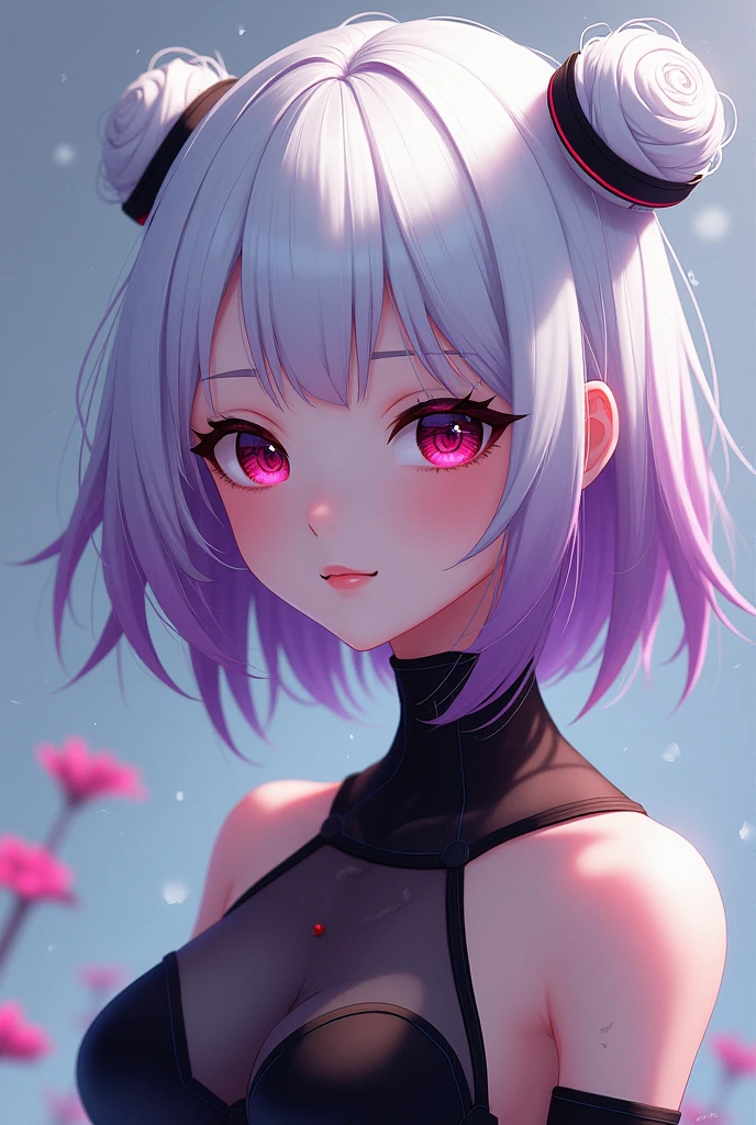 Girl with white hair that fades to purple with short hair with two buns as a hairstyle on the top of her head and the rest of her hair loose. Her eyes are wine-colored with pink with the clothes of 2b from Nier Automata. 