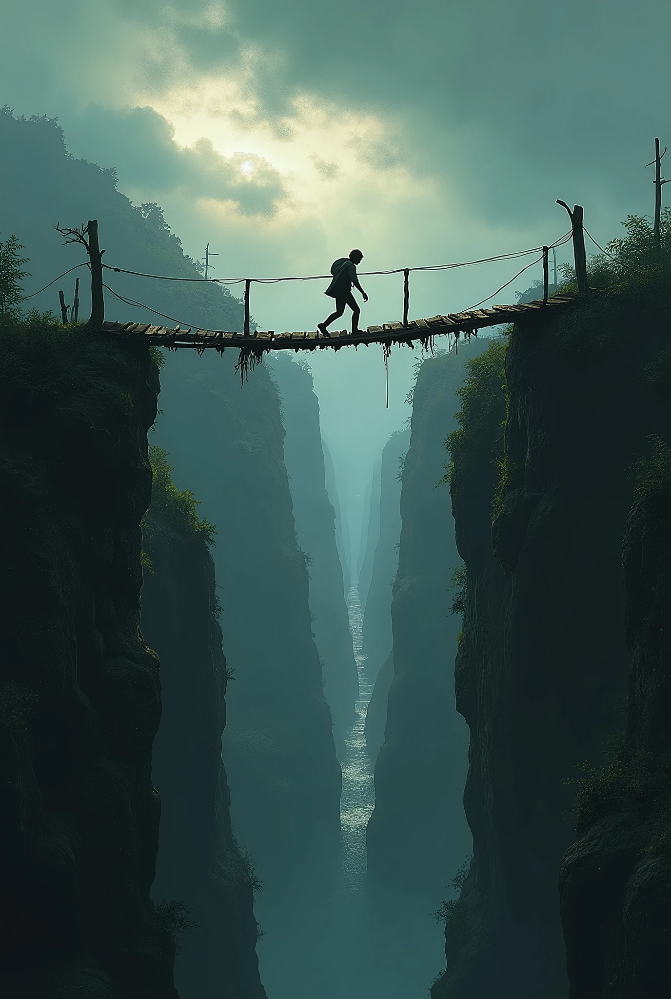 You could draw a person standing on a narrow, precarious bridge that spans across a deep chasm. The bridge could be old and rickety, with missing planks and frayed ropes, symbolizing the difficulty and danger of the journey. The person could be depicted mid-step, with one foot on the bridge and the other in the air, showing the act of moving forward despite the fear and uncertainty. Surrounding the scene, you could add a dark, stormy sky to heighten the sense of struggle, but include a small patch of clear sky or a distant light at the end of the bridge to signify hope and the importance of perseverance.