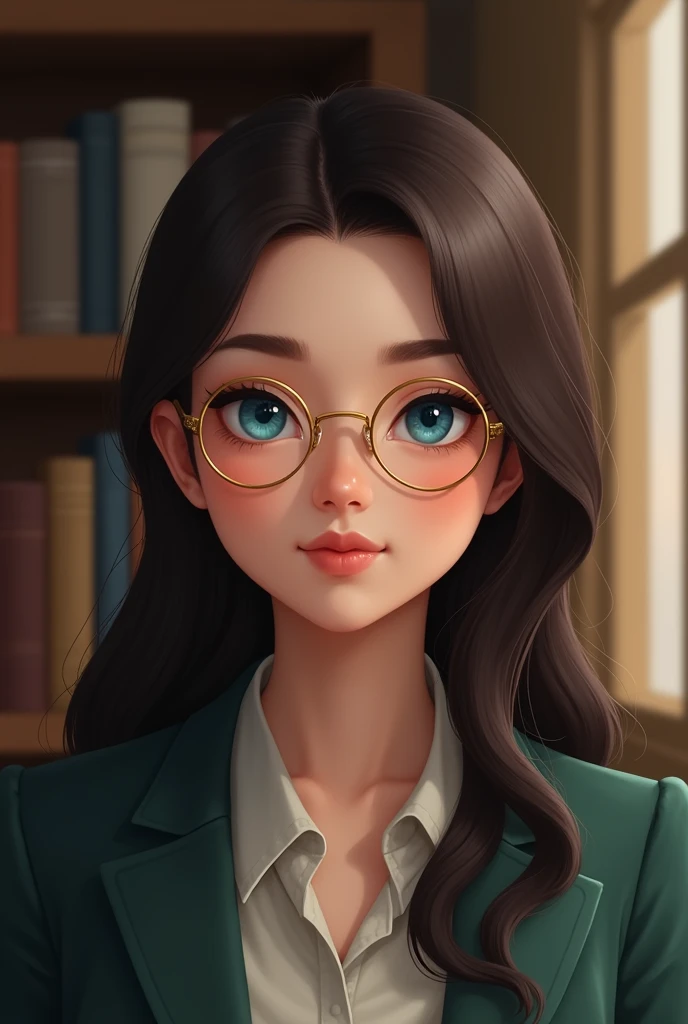 I want you to make one with blue eyes, light eyebrow, long straight dark brown hair, with round gold-colored glasses