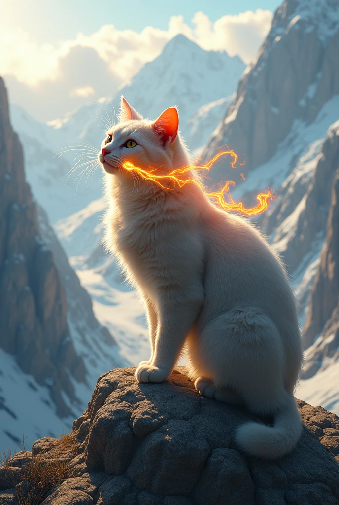 (photorealism:1.2), cat with breath of firme in the mountain.