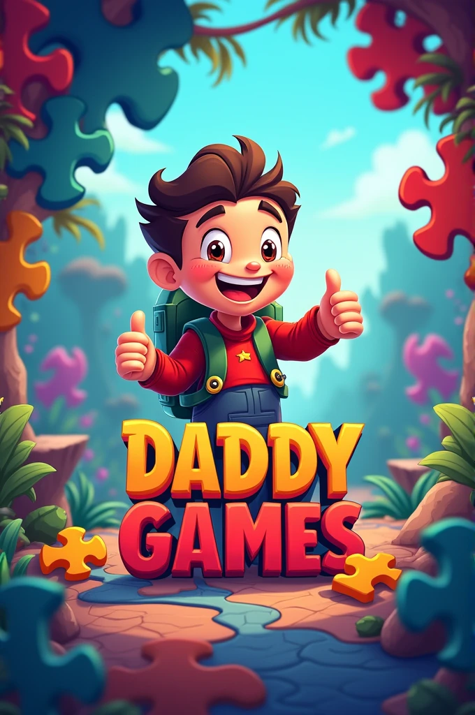 Create an image for a YouTube channel with a puzzle game theme and the channel name in Portuguese: Daddy Games