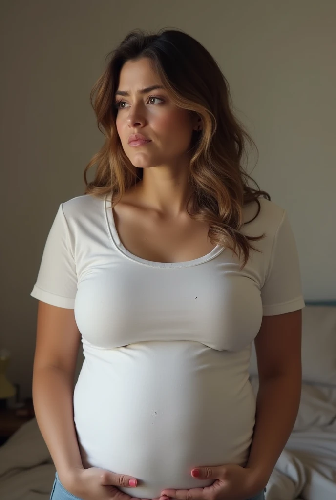 Big breasted woman worried about milk stains on her t-shirt, in the area of her nipples