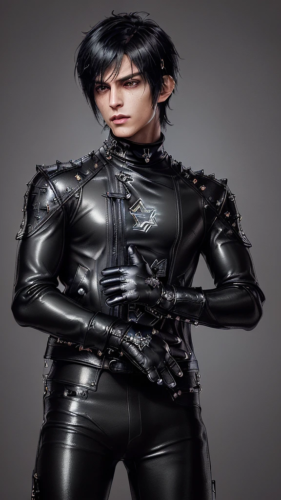 ((Final fantasy taste and reality graphics)), ((Japanese young cute and cool ikemen boy)), his age is early 20s, thin eyebrows and beady eyes, ((((he wearing black color and shining brightly enamel leather thick single-brest jacket)))), ((with epaulet)), ((enamel leather jacket close all zippers)),, ,(( jacket collar is high length stand-up collar with belts)), jacket is a little black line pattern,close the front of the jacket, (((also wearing black color turtleneck shining brightly enamel leather shirts))), (((tight black and shining brightly enamel leather pants))), ((((shining brightly black enamel leather tight and thin glove)))), ((black color and shining brightly leather knee-high raceup boots)),head-to-toe, whole body, boy looks like fashion model,Do not show skin from the neck down,(((all his clothes are smooth design and very shining)))