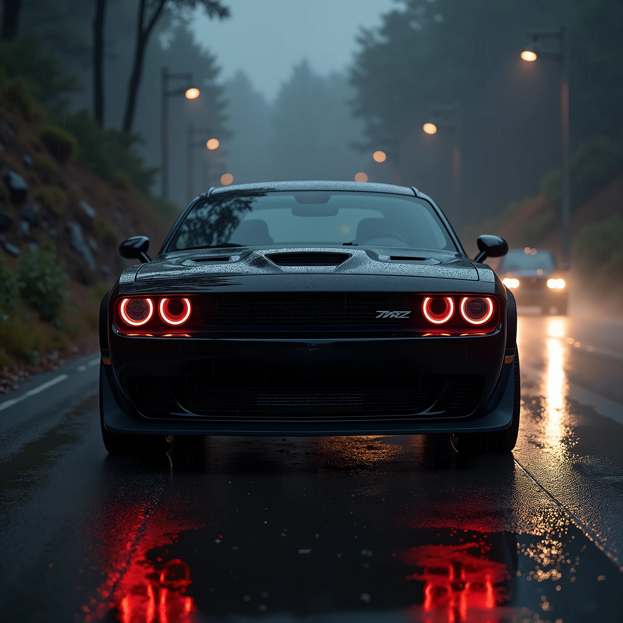 I need an image of a black Dodge Challenger with red headlights, on a road at rainy night