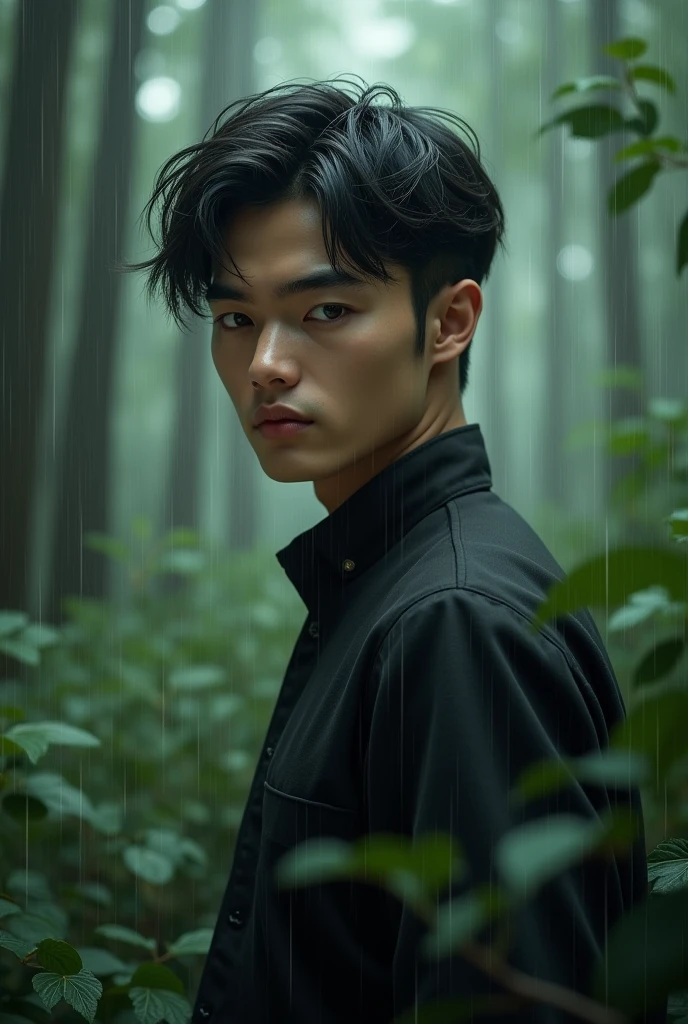 A round face handsome boy with sharp jawline with almond eyes , with black with side part hairstyle and standing forst and little raning in forest 