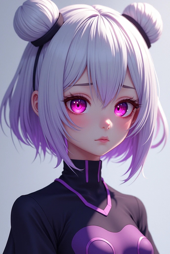 Girl with white hair that fades to purple with short hair with two buns as a hairstyle on the top of her head and the rest of her hair loose. Her eyes are wine-colored with pink with the clothes of 2b from Nier Automata.