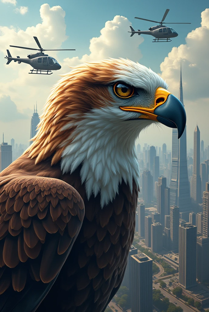 Brown and white eagle face and a mega city and helicopters in the background with the name aguia85 at the bottom of the image 