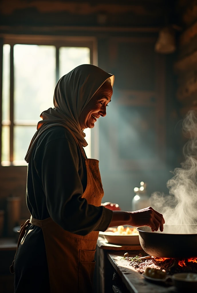 (Photorealism 1.2) high detailed definition cinematic cinematography old malay women wearing hijab appron wrote masak APA Hari NI? cooking at the kitchen old rusty wood house smoke effect fire flame on smile face expressions smoke effect sunlight silhouette at window