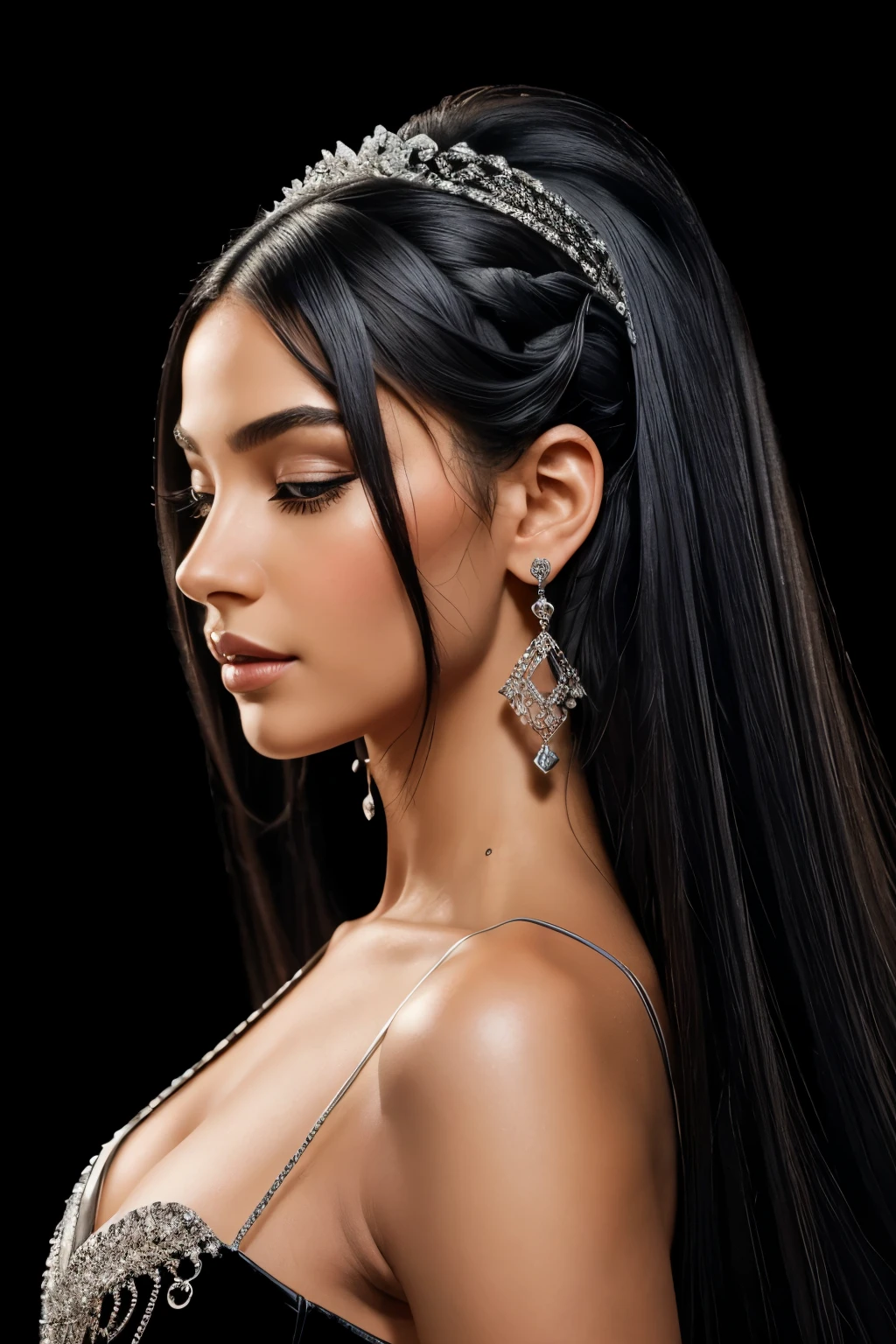 **Highly stylized and artistic image featuring a beautiful transparent woman with well-defined margins, depicted in profile against a black background. Her hair is intricately adorned with numerous shiny, silver-like locks that cascade down her back, creating a luxurious and elegant appearance. She wears large dangling earrings that match the shiny quality of her hair ornaments. Her facial features are soft and refined, with a subtle and confident expression. The overall composition is elegant and sophisticated, emphasizing the contrast between the dark background and the shiny elements**