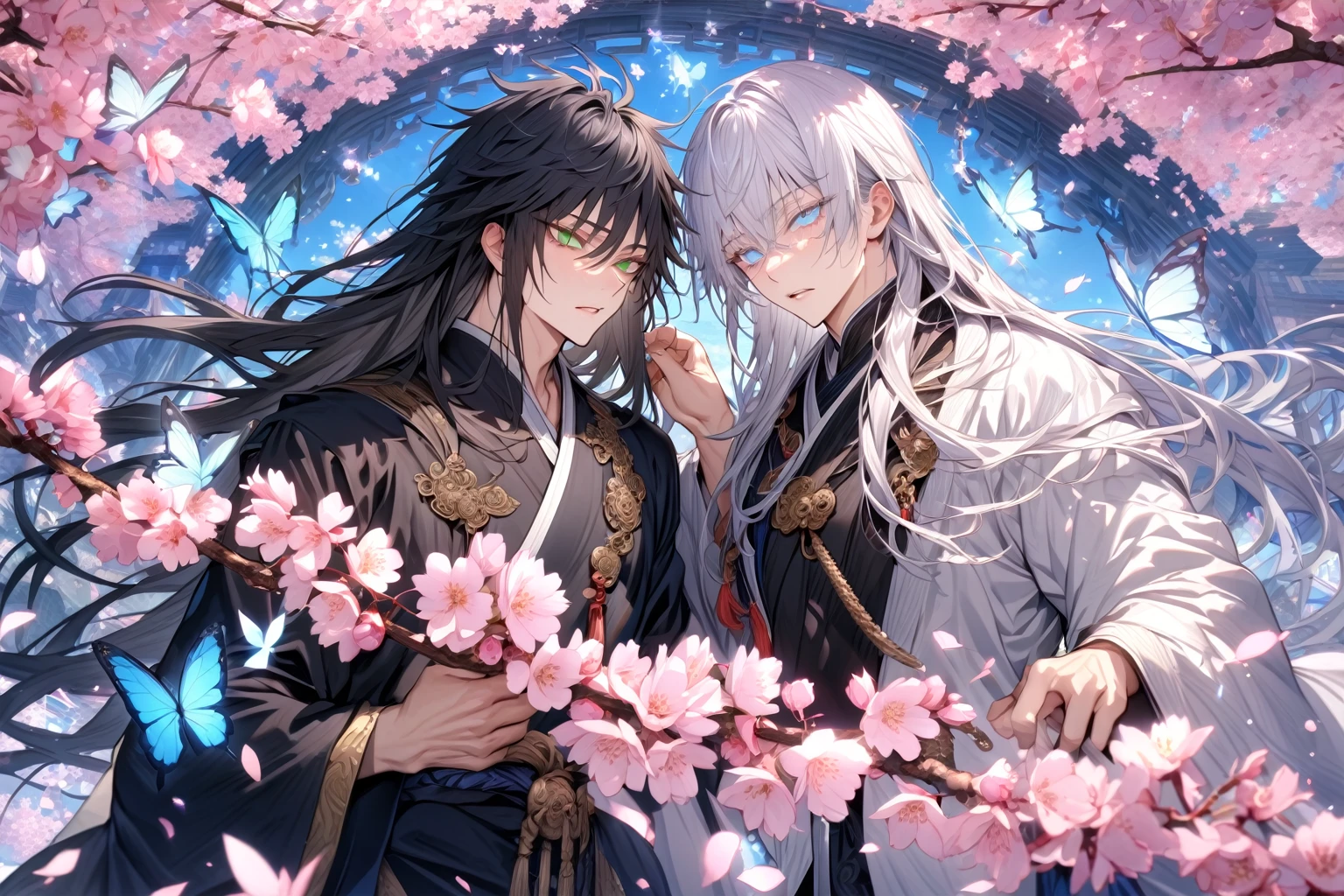 absurdres, highres, ultra detailed, HDR, master piece, Gojou Satoru, white hair with bangs, long hair, white eyelashes, expressive blue eyes, white Chinese robes, Fushiguro Megumi, long hair, black hair, expressive green eyes, black Chinese robes, Jujutsu Kaisen, accessories, two sexy man together, handsome, best quality, fantasy, magical, solo, sensual, blue butterflies, cherry blossoms, pink petals, blue sky, manly man, glittering