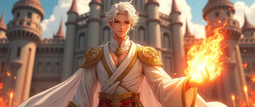 ??? with white hair, red eyes, 5'11, wearing royal clothes, clothes are white and gold, curly hair, zoom, 4k, slight smile, short hair, Standing, castle in background, generating fire from hand, anime, male, nice body