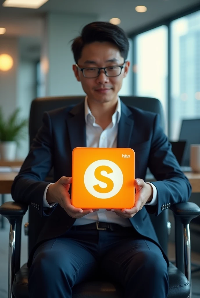 A person holding the Shopee logo in his hands sitting on his office chair