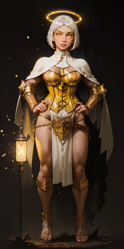 (black background) paladin lady in ornate golden armor, pauldrons, breastplate, corset, glowing halo, short hair, bob hair style, white silver hair, yellow glowing eyes, bright pupils, eye focus, red cape, particles, light beam, chromatic aberration, full body, whole body 1solo (girl) loincloth standing, hands on hips, metal sandals, leather black choker, big belt, view from below, feet together, bracers, tiara