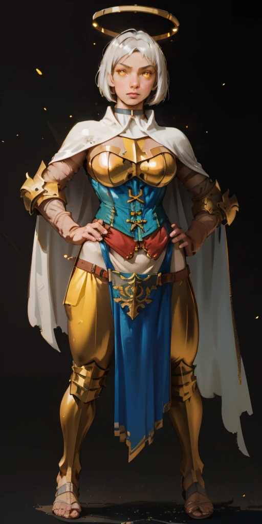 (black background) paladin lady in ornate golden armor, pauldrons, breastplate, corset, glowing halo, short hair, bob hair style, white silver hair, yellow glowing eyes, bright pupils, eye focus, red cape, particles, light beam, chromatic aberration, full body, whole body 1solo (girl) loincloth standing, hands on hips, metal sandals, leather black choker, big belt, view from below, feet together, bracers, tiara