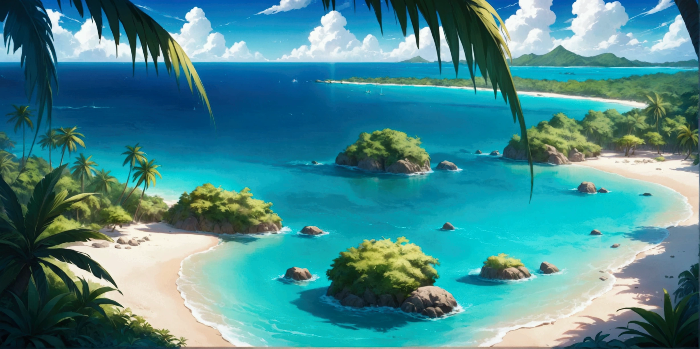 create a stunning painting of a beautiful lagoon. Wonderful turquoise water. Lots of palm trees and a breathtaking jungle around the water. The lagoon opens onto a sandy beach and an open sea.