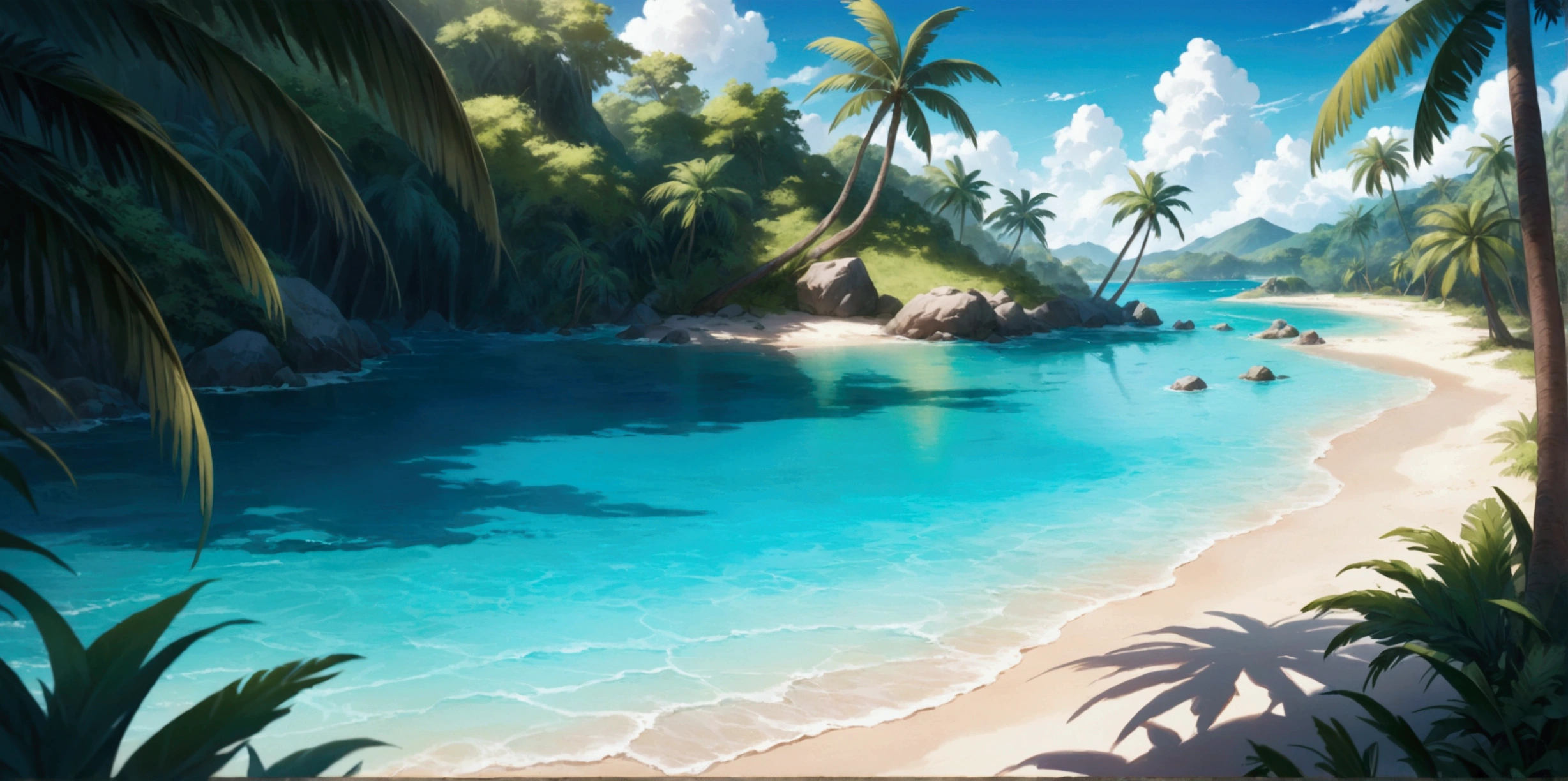 create a stunning painting of a beautiful lagoon. Wonderful turquoise water. Lots of palm trees and a breathtaking jungle around the water. The lagoon opens onto a sandy beach and an open sea.