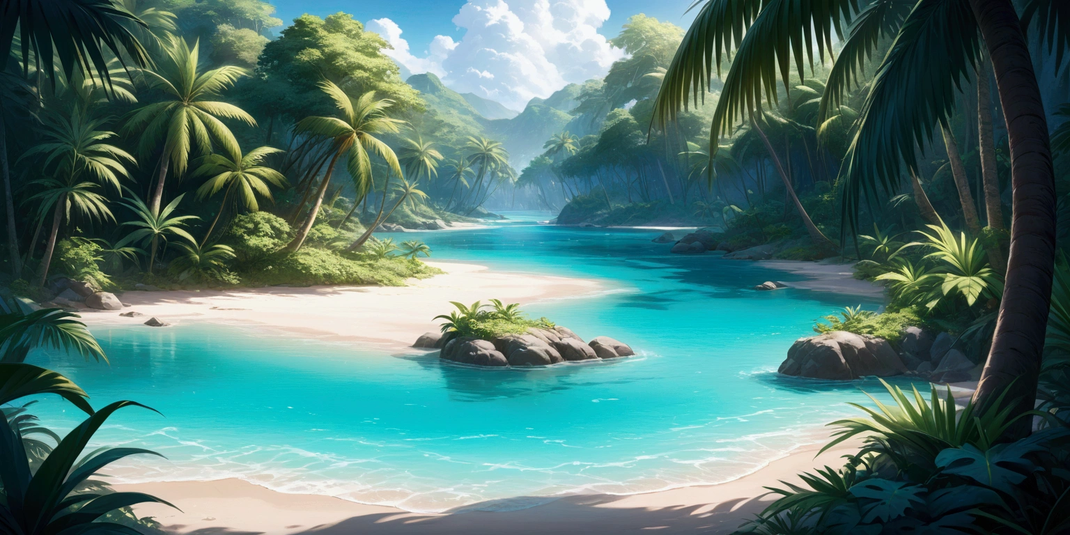 create a stunning painting of a beautiful lagoon. Wonderful turquoise water. Lots of palm trees and a breathtaking jungle around the water. The lagoon opens onto a sandy beach and an open sea.