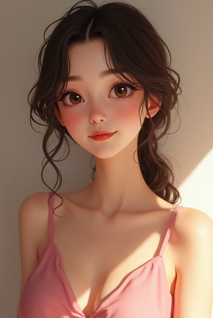 A skinny girl wearing a pink dress, half Japanese, half French.　Small face and double eyelids　A charming smile with plump lips　A 20-year-old girl with brown, loose curls