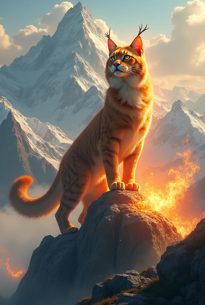 (photorealism:1.2), cat with breathing fire in the mountain.