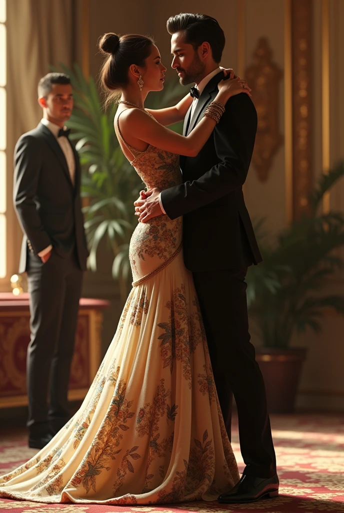 Woman in natigamwntw clothes, with an.vestido chique de baile simples conversando with an homem. There's another guy watching the conversation, show him this