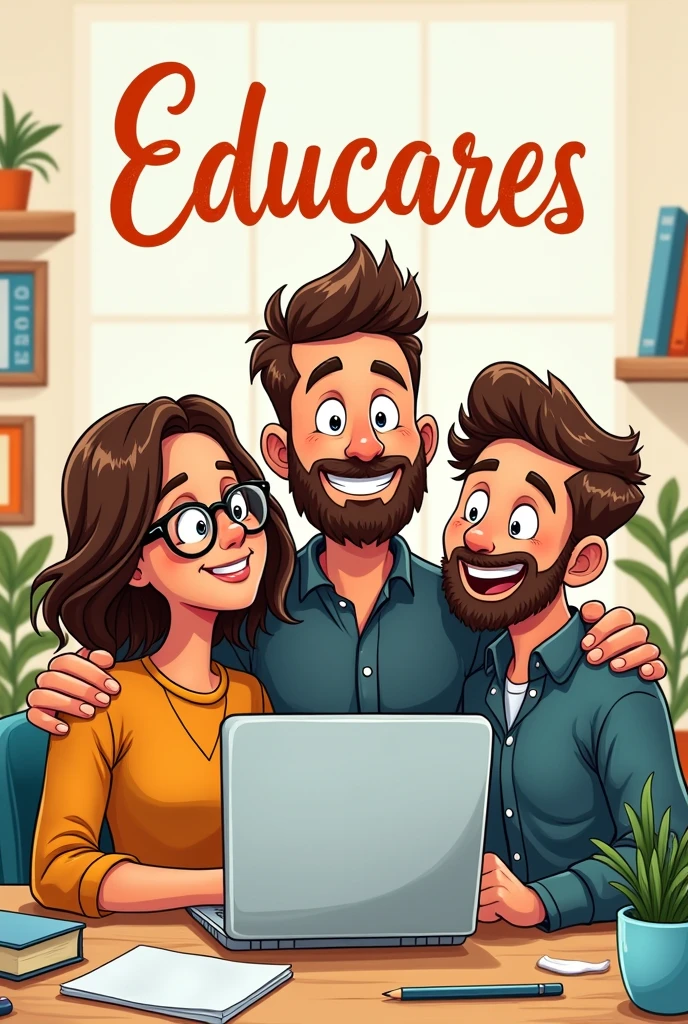 image of a cartoon work team (made up of a woman with glasses, wavy hair that reaches the shoulders, a bearded white-looking man, and another white-looking man with slightly long wavy hair and no beard, that is to say, only 3 members) and that above it says Educares in beautiful calligraphy