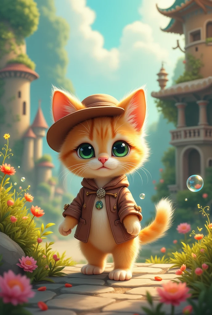 A kitten who is a tourist guide, Her golden fur and her emerald-green eyes.
