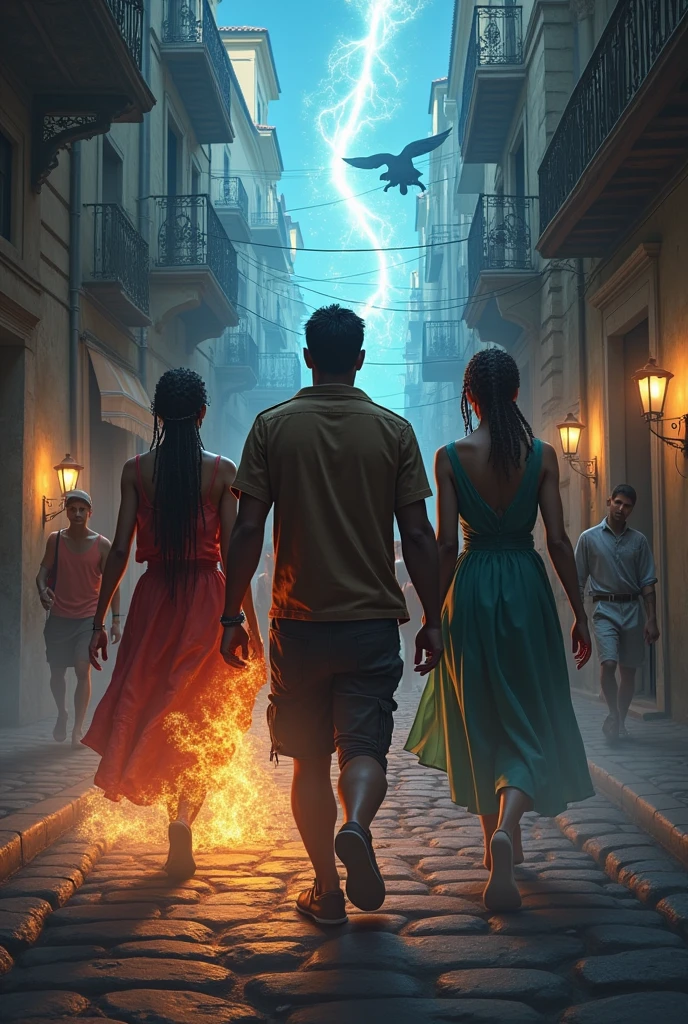 Create a dark fantasy world based in Italy where there is five characters a a medium height black girl with braids that has telekinesis, a mixed tall guy with dreads that has the fast power,a tall and tanned guy who has the power of controlling fire,a tall Brazilian guy with dark hair that has the power of strength,a tall Italian guy with dark hair and green eyes the power of taletrasportation make it has real has possible