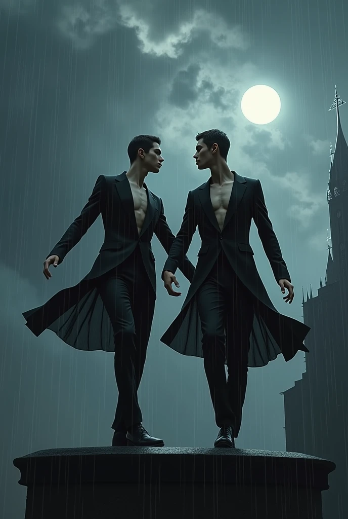 Two handsome skinny men dressed in black, long suits without a shirt, cloudy sky, sunset, the sun is hiding, dancing beautifully, on top of a black castle, rain falling and lightning from afar, 2 men