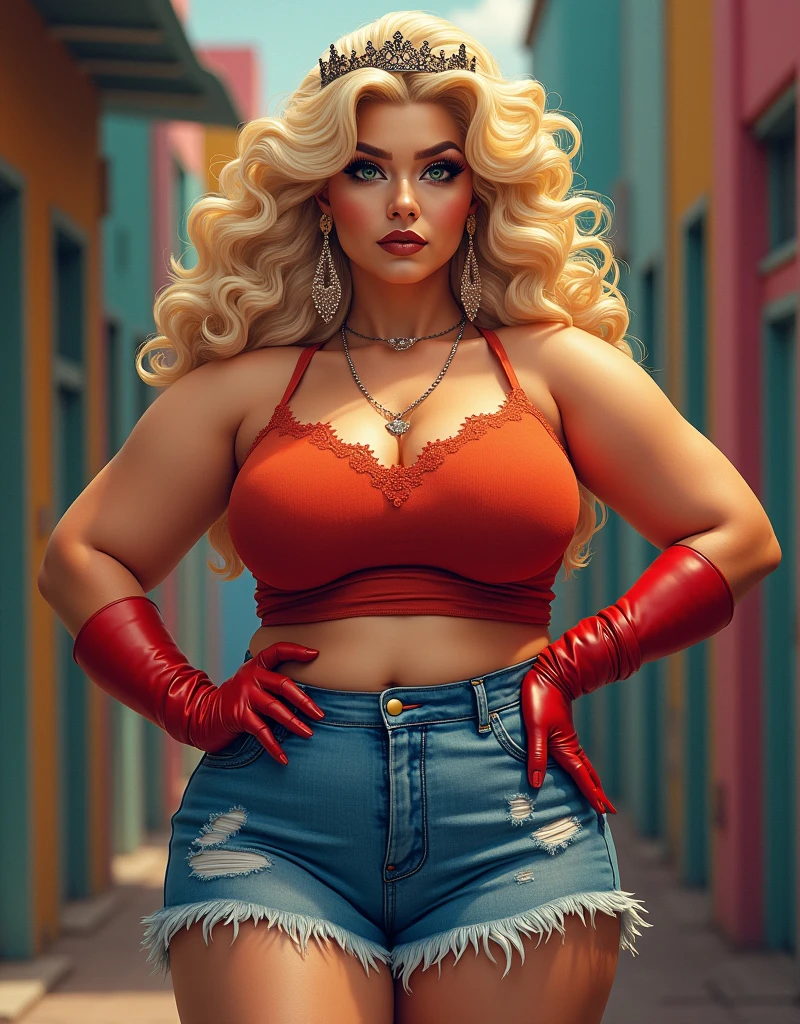 Overweight elder 60 year old attractive woman full colours brown bold lipstick high eyelashes golden hairs with crown wearing distressed shorts covering red gloves on hands exuding pride and confidence nose ring full body view